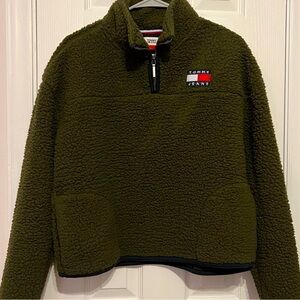 🌲 NWT Tommy Hilfiger Tommy Jeans Fleece Half Zip Sweater Green Fuzzy Half Zip🌲
